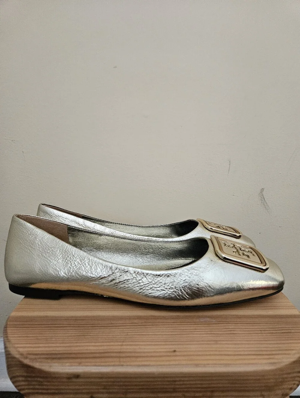 Tory Burch Metallic Gold Square-Toe Flats with Logo Plaque, Size 9